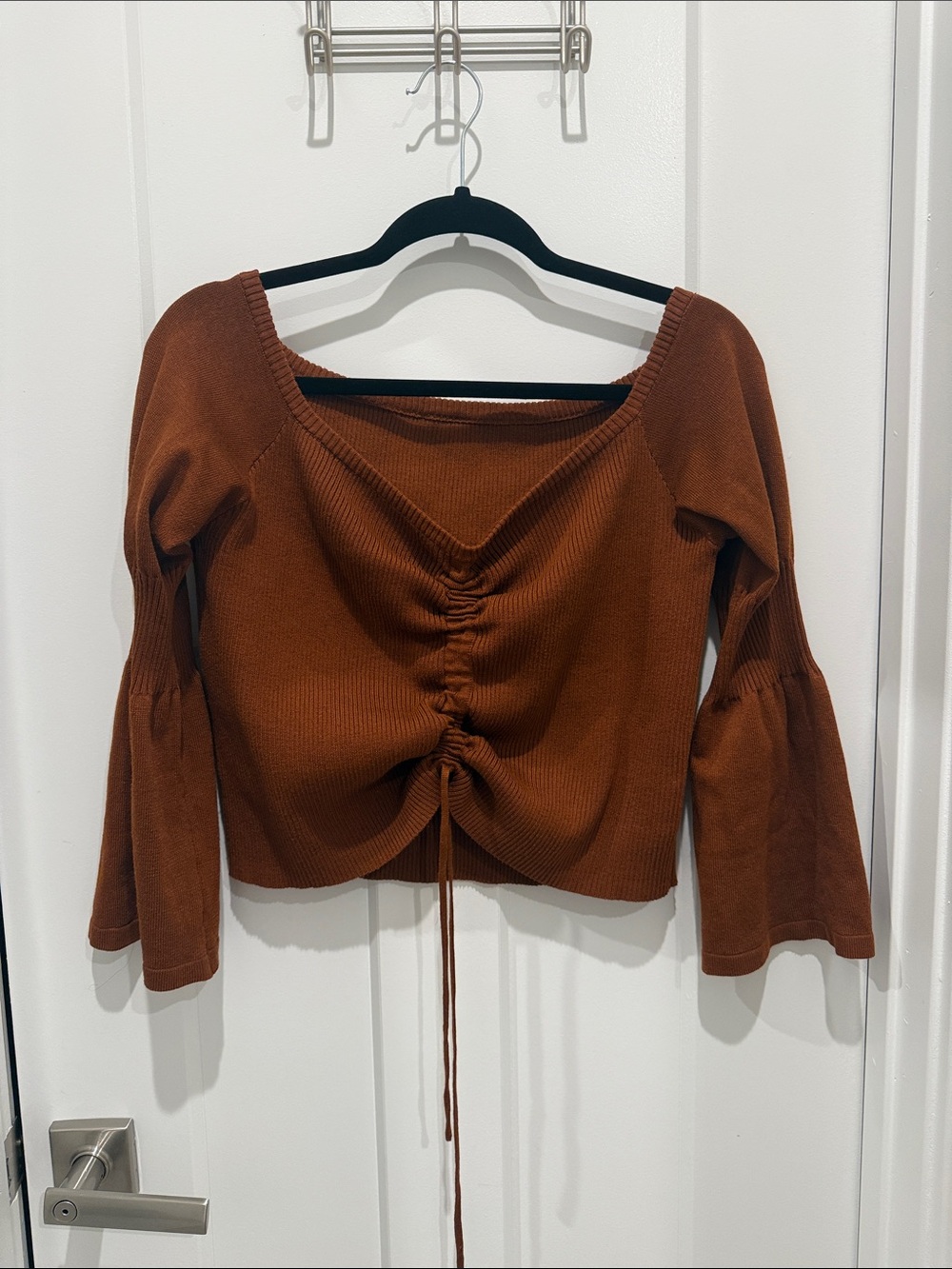 Ruched Front Bell Sleeve Crop Top Sweater- Rust